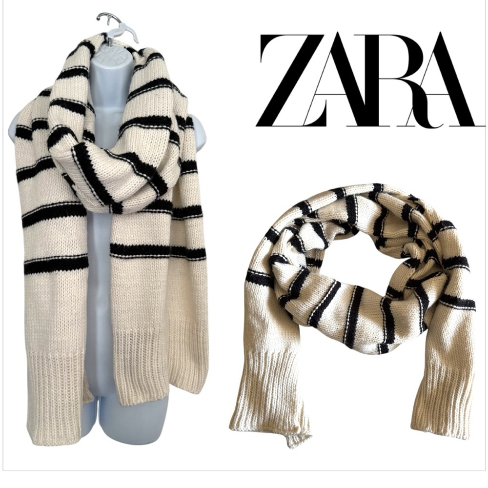 Zara Oversized Black and Cream Knit Scarf. - Picture 13 of 14